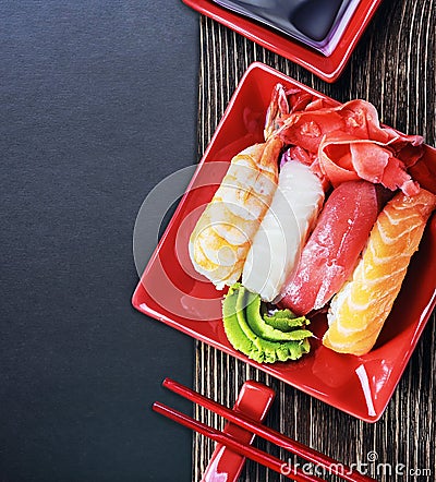 Rolls and sushi and chopstick Stock Photo