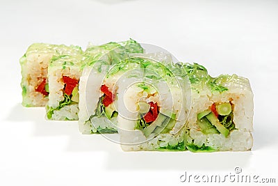 Rolls sweet pepper, cucumber, avocado, Kaiso, iceberg lettuce, sauce Gamadari in rice paper Stock Photo