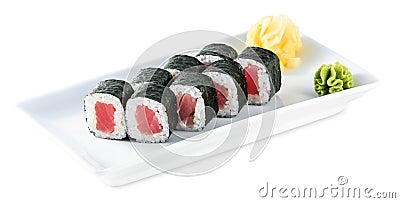 Rolls with tuna plate - Maguro Maki isolated on white Stock Photo