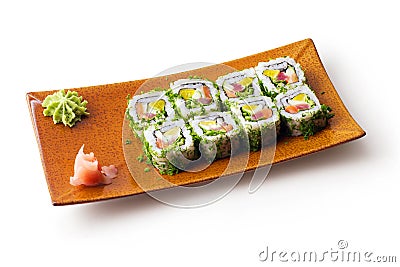 Rolls with tuna, salmon, cheese and cucumber Stock Photo