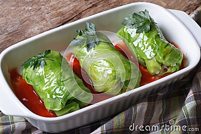 Rolls of young cabbage stuffed with rice and meat Stock Photo