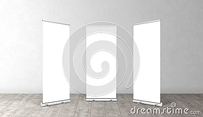 Vertical empty white roll up for print. Rollup banners stand. Blank template mockups. Stock Photo