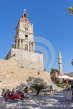 Roloi Clock Tower in Rhodes fortress, Greece Editorial Stock Photo