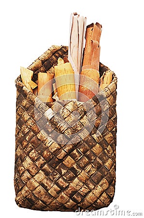 Rols of birchen bark in the basket Stock Photo