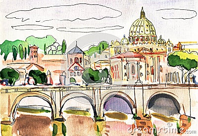 Roma beautiful landscape. beautiful view. Watercolor drawing picture street view in Vatican Rome, Italy. Stock Photo