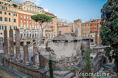 ROMA, ITALY - JULY 2017: Ancient ruins in Torre Argentina Square, the site of the death of Emperor Julius Caesar in Rome, Italy Editorial Stock Photo
