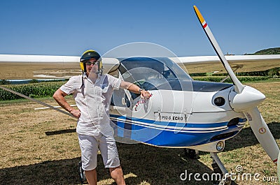ROMA, ITALY - JULY 2017: Courageous young man pilot on a light aircraft Tecnam P92-S Echo Editorial Stock Photo
