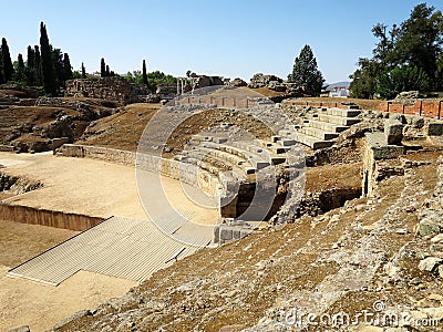 The Roman Amphitheater (Anfiteatro de MÃ©rida) in Merida, SPAIN Stock Photo