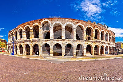 Roman amphitheatre Arena di Verona and Piazza Bra square panoram Stock Photo