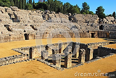 Roman Amphitheatre ruins, Italica, Seville, Spain. Stock Photo