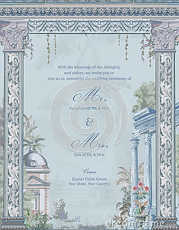 Roman Ancient theme wedding invitation card design for printing. Vector Illustration