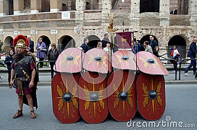 Roman army battle array near colosseum at ancient romans historical parade Editorial Stock Photo