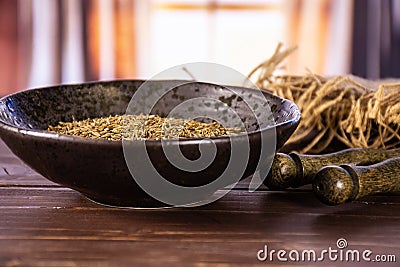 Roman caraway cumin with curtains Stock Photo