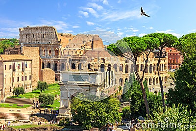 Roman Coliseum and the Arch of Titus summer view, no people Stock Photo
