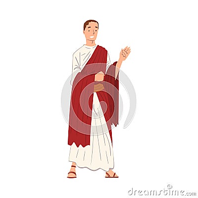 Roman Emperor in Traditional Clothes, Ancient Rome Citizen Character in Red Toga and White Tunic And Sandals Vector Vector Illustration