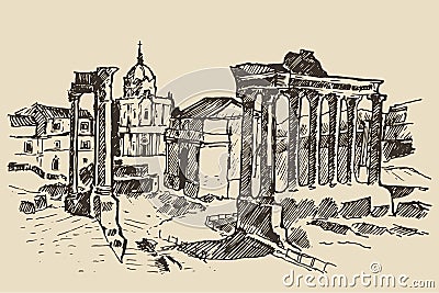 Roman Forum Ruins in Rome Landmark Italy Vector Illustration