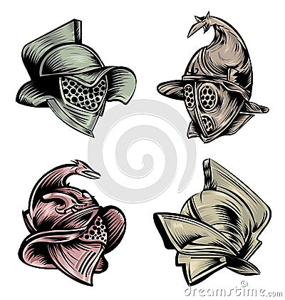 Roman gladiator armour helmets set . hand drawn Vector Illustration