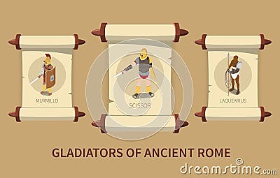 Roman Gladiators Isometric Poster Vector Illustration