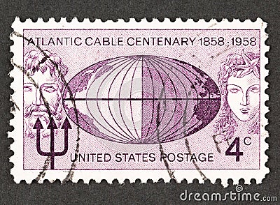 Roman God Neptune and Mermaid on American Stamp Editorial Stock Photo