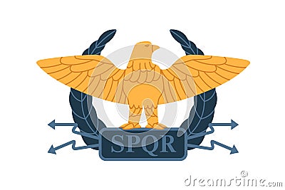 Roman gold eagle of Ancient military legion of Rome. Heraldic legionary symbol. Blazon with bird, wreath and SPQR. Flat Vector Illustration