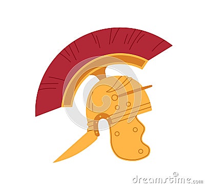 Roman gold helmet with mohawk. Ancient galea of gladiator warrior. Old bronze armor. Legionary metal headgear of Rome Vector Illustration