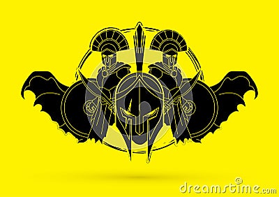 Roman or Greek Helmet , Spartan Helmet, and Angry Warrior composition graphic vector Vector Illustration