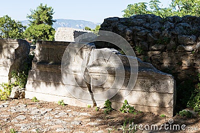 Roman inscription on the archaeological site of Ancient Corint, Stock Photo