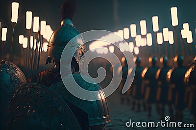 A Roman legion was a large military unit of the Roman army preparing for battle at night. Neural network generated art Stock Photo