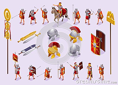 Roman Legionaries of Ancient Rome, weapons, signs and uniforms Set isometric icons on isolated background Vector Illustration