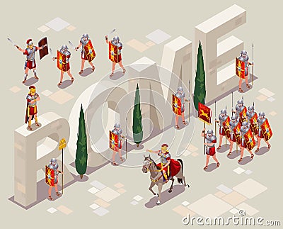 Roman Legionaries walking along a stone road of Ancient Rome illustration isometric icons on isolated background Vector Illustration