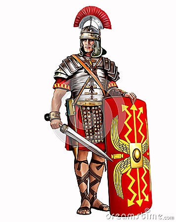 Roman legionary with a gladius sword and a scutum shield Stock Photo