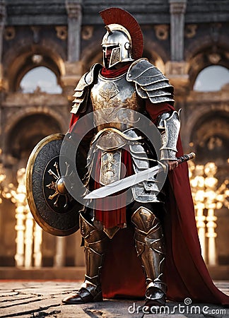 Roman male legionary, legionaries wear helmet with crest, long sword and scutum shield, heavy infantryman, realistic soldier of Stock Photo