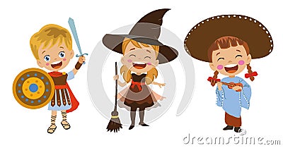 Roman military witch with flying broomstick and cute kids in costume dressed in mexican outfit Vector Illustration