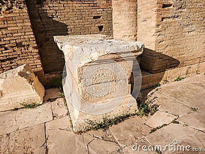 Roman Odeum Of Nicopolis old column part, Greece Stock Photo