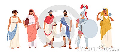 Roman People in Traditional Clothes, Ancient Rome Citizen Male and Female Character in Tunic and Sandals Costumes Vector Illustration
