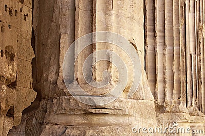 Roman pillar. Detail of the Temple of Hadrian on the Campus Martius in Rome, Italy. Antique marble column of Templum Stock Photo