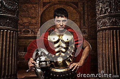 Roman soldier in ancient temple Stock Photo