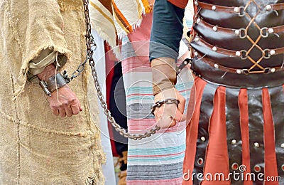 Roman soldier and prisoner Stock Photo