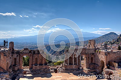 Roman theater, vulcaono etna, Taormina, Sicily, Italy Stock Photo