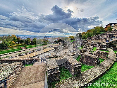 The roman theatre at musee gallo romain, the ancient monument from the roman period, Lyon, France Stock Photo