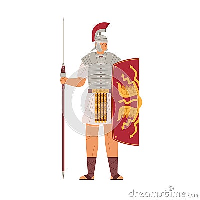 Roman warrior armored with spear and shield. Ancient legionary soldier in mohawk helmet. Armoured man from Rome. Flat Vector Illustration