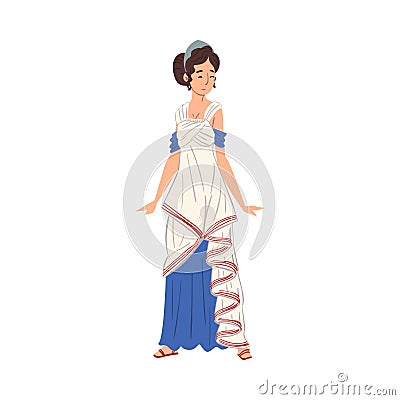 Roman Woman in Traditional Clothes, Ancient Rome Citizen Character in White and Blue Tunic And Sandals Vector Vector Illustration