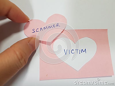 Romance love scam concept. Scammer vs victim Stock Photo