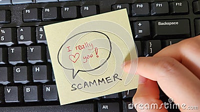 Romance love scams concept. Scammer vs victim Stock Photo