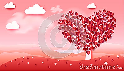 Romance love Valentines Day tree hearts petals landscape Vector Illustration