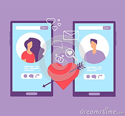 Romance online dating. Loving couple on screens of mobile phones. Dating applications vector concept Vector Illustration