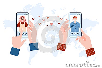 Romance, online dating and relationship in on long distance in internet. Vector Illustration