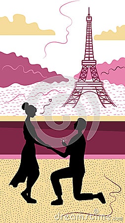 Romance In Paris Concept. Romantic Date, Man And Woman Silhouettes In Paris On Background Of Eiffel Tower. Man Making A Vector Illustration