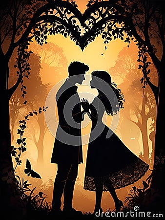 A romance scene of a couple in a magic garden, beautiful, shadow art, silhouette, dramatic background lighting, love att Stock Photo