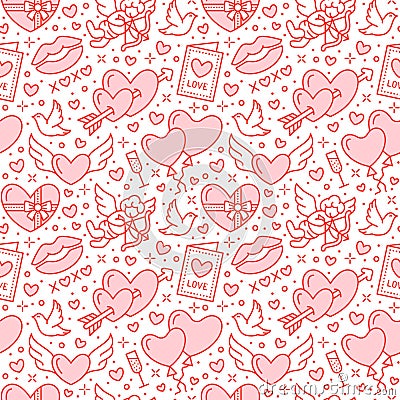 Romance seamless pattern. Love, wedding flat line icons - hearts, chocolate, kiss, Cupid, doves, valentine day card. Red Vector Illustration